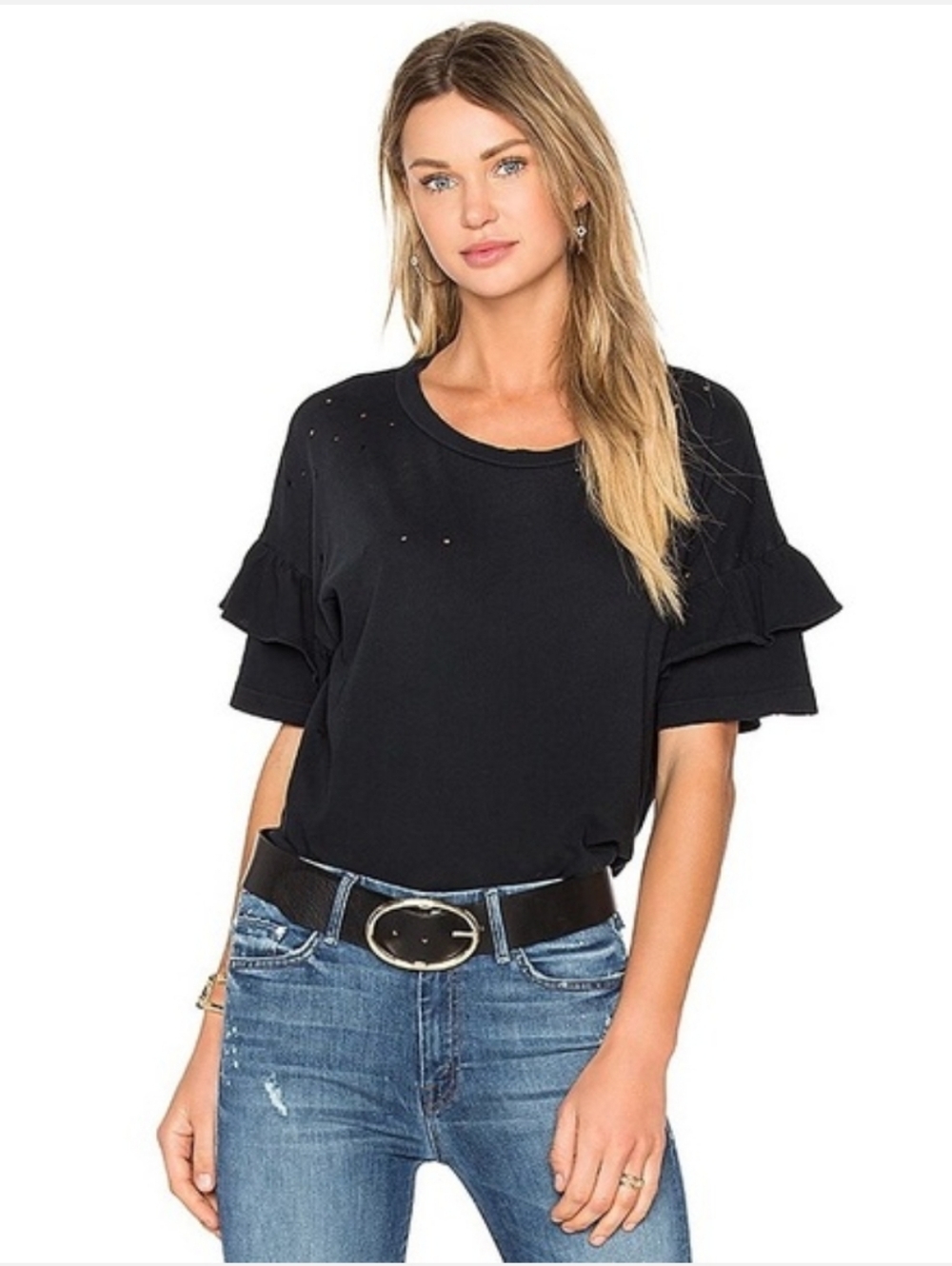 Current Elliott Ruffle Roadie Distressed Tee Washed Black Women's S Preppy